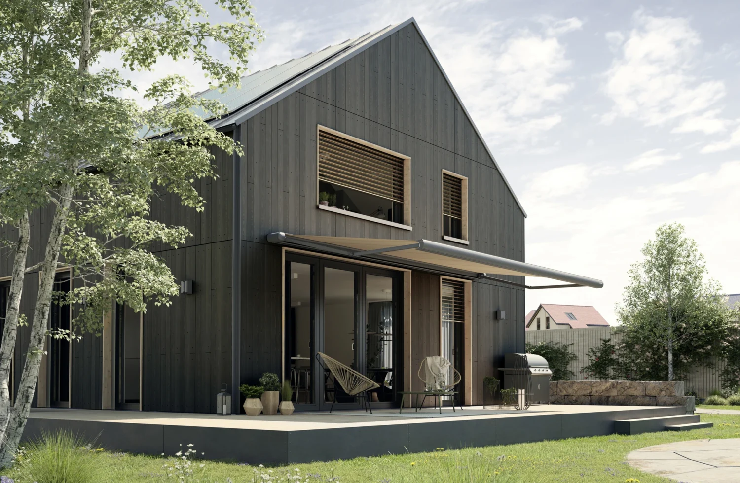 Moderne Holzterrasse mit Sonnenschutz und Grill